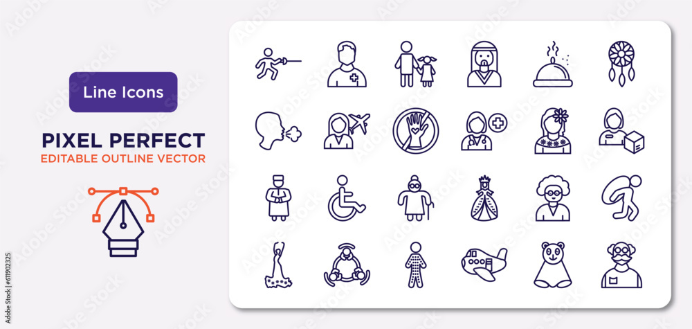 people outline icons set. thin line icons such as fencing attack, serve, no racism, qiyam, old woman, hairy, snuggle, old man vector.