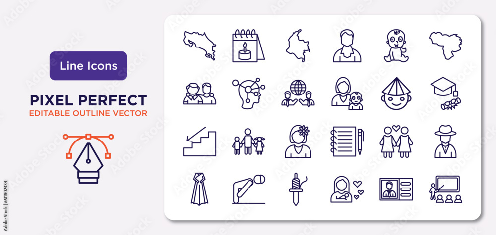 people outline icons set. thin line icons such as costa rica, baby zone, business partnership, downstairs, lesbian couple, spindle, identification ard, classroom stats vector.