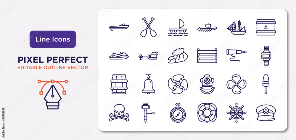 nautical outline icons set. thin line icons such as roofless speed boat, frigate, ocean waves, big barrel, propeller, barometer, boat steering wheel, captain hat vector.