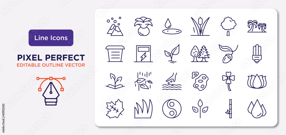 nature outline icons set. thin line icons such as snowed mountains, basswood tree, tree growing, grows, clovers, fengshui, bamboo branches, raindrop vector.