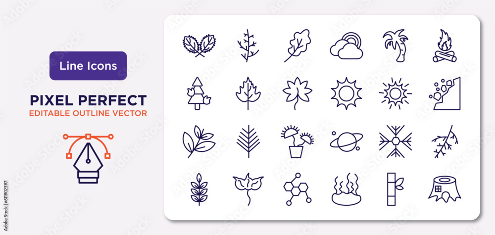 nature outline icons set. thin line icons such as straberry leaf, coconut tree standing, liquidambar leaf, black willow, big snowflake, chemical structure, bamboo sticks, stump house vector.