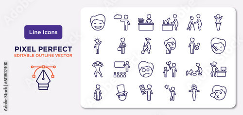 people outline icons set. thin line icons such as happy smile, help the elderly, farmer working, pulling hair, feeding a dog, man with money, elegance, kiss smile vector.