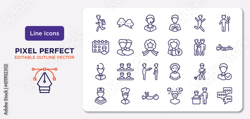 people outline icons set. thin line icons such as backpacker running, happy man jumping, in, rethink, landkeeper, physiotherapy, boss and worker, chat group vector.