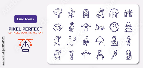 people outline icons set. thin line icons such as ticket collector, chef uniform, getting dressed, man hearing, tumb up business man, biceps of a man, lance, breastfeeding vector.