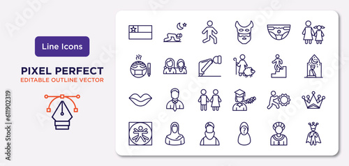 people outline icons set. thin line icons such as chilean, baby with diaper, ruku, seductive, effort, muslim man, amazonian, emperor vector.
