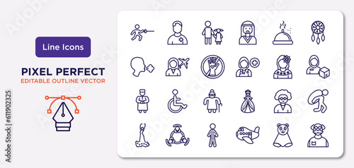 people outline icons set. thin line icons such as fencing attack, serve, no racism, qiyam, old woman, hairy, snuggle, old man vector.