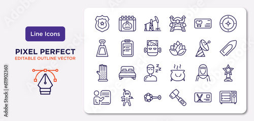 other outline icons set. thin line icons such as blazon, dentist business card, monster, grooming glove, arabian woman, baby's rattle, hair cut business card, microvawe vector.