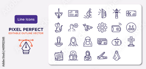 other outline icons set. thin line icons such as chandeliers, smeaton's tower, super hero, seventeen, abstract business card, self learning, nail trimmer, araba woman vector.