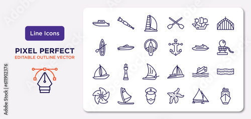 nautical outline icons set. thin line icons such as motorboat, caravel, port and starboard, windsail, capsizing, ship admiral, iceboat, ballast vector.