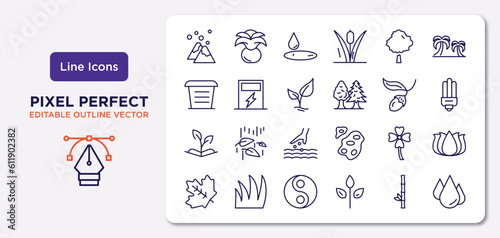 nature outline icons set. thin line icons such as snowed mountains, basswood tree, tree growing, grows, clovers, fengshui, bamboo branches, raindrop vector.