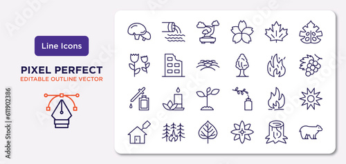 nature outline icons set. thin line icons such as mushroom with spots, red maple tree,  , essence, flame, quaking aspen tree, trunk, polar vector.