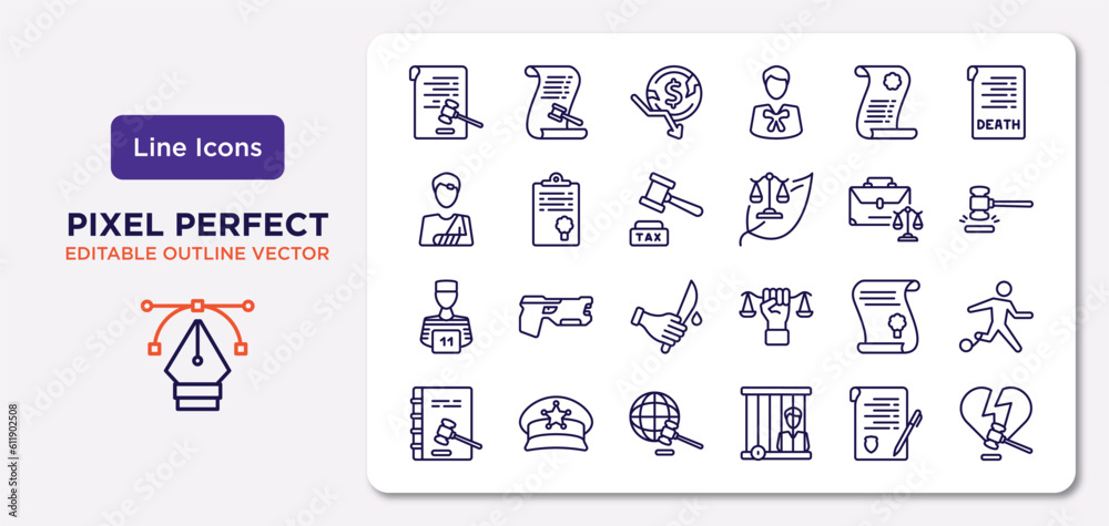 law and justice outline icons set. thin line icons such as corporative law, legal paper, tax law, convict, scroll with diploy, contract divorce vector.