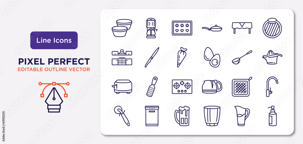 kitchen outline icons set. thin line icons such as custard cup, tablecloth, pastry bag, toaster, kitchen mitten, beer, pitcher, soap dispenser vector. kitchen outline icons set. thin line icons such as custard cup, tablecloth, pastry bag, toaster, kitchen mitten, beer, pitcher, soap dispenser vector.