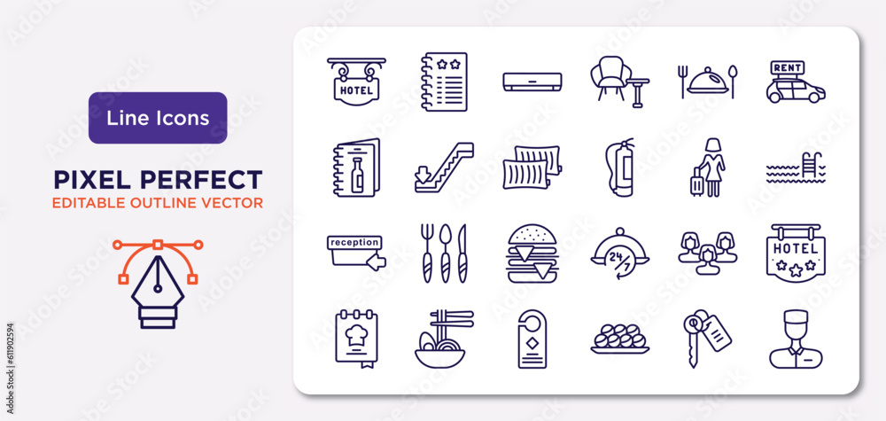 hotel and restaurant outline icons set. thin line icons such as hotel, meal, pillow, check in, people, door hanger, room key, valet vector.