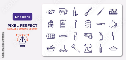 kitchen outline icons set. thin line icons such as broiler, knife sharpener, fork, muffin pan, liquid soap, bottle opener, wine bottle, cooking pot vector.
