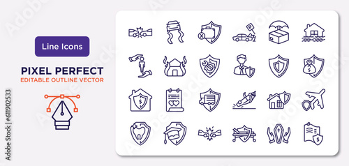 insurance outline icons set. thin line icons such as rear end collision, delivery insurance, repair, replacement value, house insurance, frontal crash, funeral, actual cash value vector.