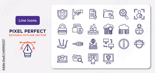internet security outline icons set. thin line icons such as hub, medical research, firewall, hacker, local network, malware, interactive, computer security vector.