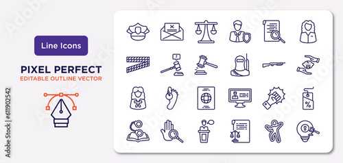 law and justice outline icons set. thin line icons such as police hat, investigation, veredict, attorney, violence, witness, crime scene, intellectual property vector.