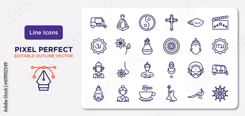 india outline icons set. thin line icons such as ricksaw, biju janata dal, tandoori, indra, yakshagana, indian tea, peacock, mandala vector.