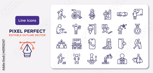 humans outline icons set. thin line icons such as public work, helping, showering, business meeting, come in, kitchen chef, businessman with tie, housewife shopping vector.