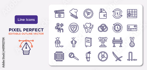 general outline icons set. thin line icons such as fragments, clockwise, heart between hands, poverty, traffic barriers, fire estinguisher, deckchair, fretsaw vector.