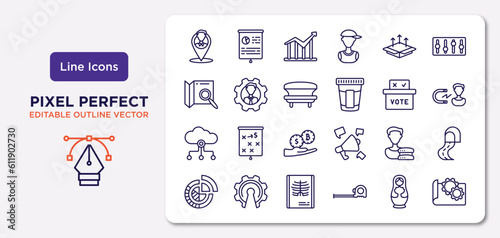 general outline icons set. thin line icons such as placement, product release, solarium, internet of things, user data, x-ray, matryoshka, prototyping vector.