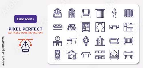 furniture & household outline icons set. thin line icons such as dehumidifier, bedroom lamp, shelf, lowboy, oven, table linens, canopy bed, footstool vector.