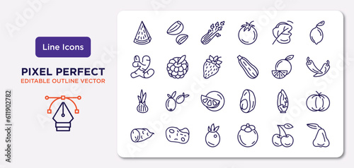 fruits and vegetables outline icons set. thin line icons such as watermelon, spinach, strawberry, onion, lettuce, passion fruit, cherry, rose vector.