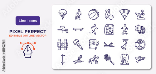free time outline icons set. thin line icons such as parachuting, baseball field, running man, table football, bungee jumping, riding, hiking, water gun vector.