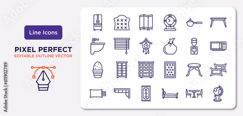 furniture & household outline icons set. thin line icons such as fridge, small saucepan, cuckoo clock, cactus, side table, rug, dinner table, globe vector.