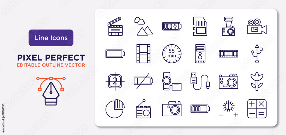 electronic stuff fill outline icons set. thin line icons such as clapperboard, old camera, minute countdown, video file list, digital camera, photograph, brightness option, calculating vector. electronic stuff fill outline icons set. thin line icons such as clapperboard, old camera, minute countdown, video file list, digital camera, photograph, brightness option, calculating vector.
