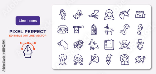 fairy tale outline icons set. thin line icons such as madre monte, unicorn, stained glass, werewolf, jolly roger, enchantment, fairy godmother, chimera vector.