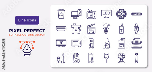 electronic devices outline icons set. thin line icons such as trash compactor, turbine, copy hine, smart tv, sim, phones, electric fan, trimmer vector.