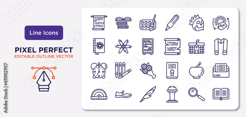 education outline icons set. thin line icons such as manuscript, yorick, library, alarm clock, punch bowl, quill, magnifying glass, dictionary vector.