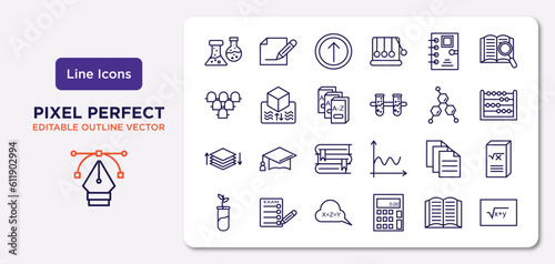 education outline icons set. thin line icons such as florence flask, school agenda, three books, arrange, various files, equation, reading book, square root in class vector.