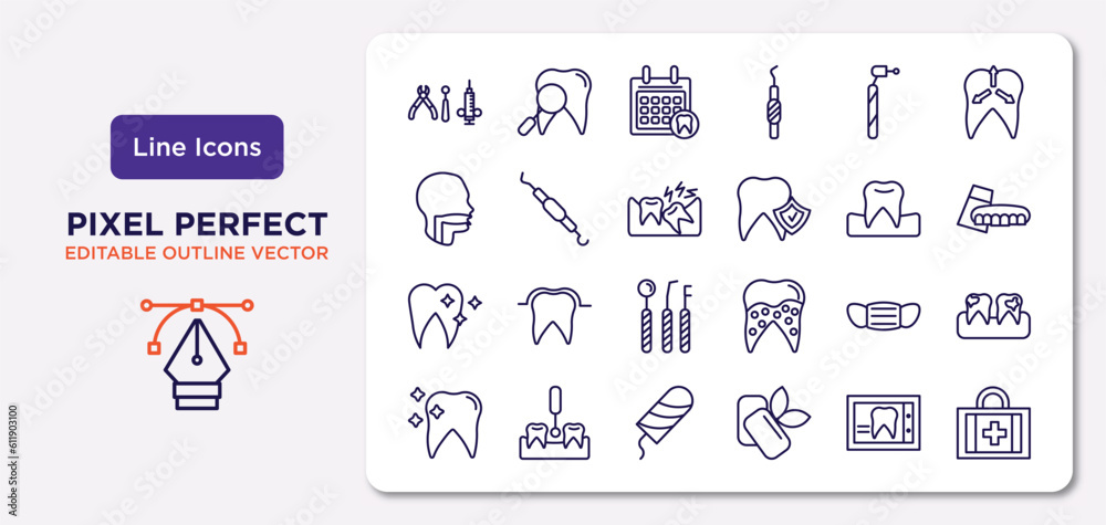 dentist outline icons set. thin line icons such as dental hook, dentists drill tool, wisdom tooth, clean tooth, dentist mask, tampon, dental x ray, aid vector.