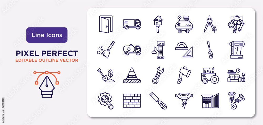 construction outline icons set. thin line icons such as doors open, drawing compass, big derrick with boxes, big shovel, steamroller, chisel, big building, two screws vector.