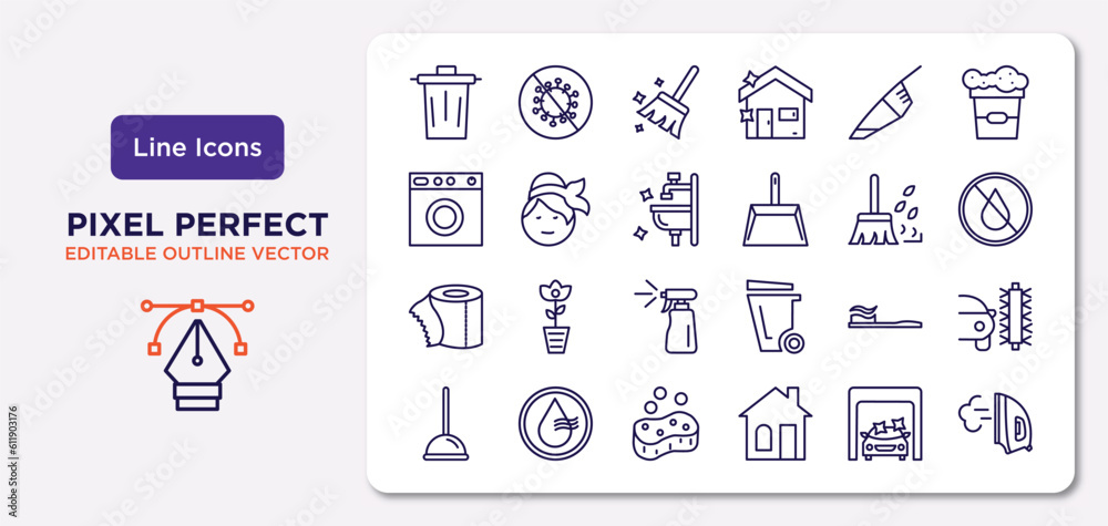 cleaning outline icons set. thin line icons such as wiping trash, vacuum, sink cleanin, toilet paper cleanin, toothpaste cleanin, soap clean cars, wiping iron vector.