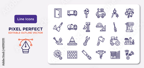 construction outline icons set. thin line icons such as doors open, drawing compass, big derrick with boxes, big shovel, steamroller, chisel, big building, two screws vector. © IconArt