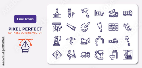 construction outline icons set. thin line icons such as derrick with pallet, dump truck, pallete, derrick with boxes, trolley truck, tank truck, adjusment system, big clo vector.