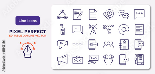 communication outline icons set. thin line icons such as people connection, chatting, radio antenna, video chat, contacts, receiving email, mobile receiving email, public phone vector.