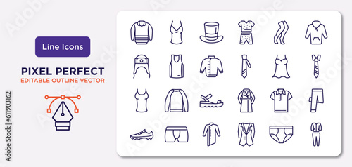 clothes outline icons set. thin line icons such as pullover, stockings, windbreaker, tanktop, polo shirt, kurta, briefs, tracksuit vector.