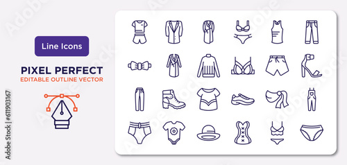 clothes outline icons set. thin line icons such as pijama, sleeveless shirt, turtleneck, jean, shawl, bowler, lingerie, panties vector.
