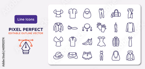 clothes outline icons set. thin line icons such as peplum top, barrel handbag, jewelry, draped top, padded vest, denim shorts, hobo bag, hooded jacket vector.