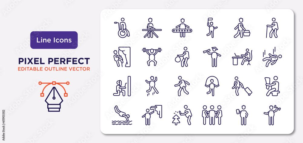 behavior outline icons set. thin line icons such as man on wheelchair, man shopping, carry garbage, man welding, travelling, prune hedge, with mobile phone, fitness vector.