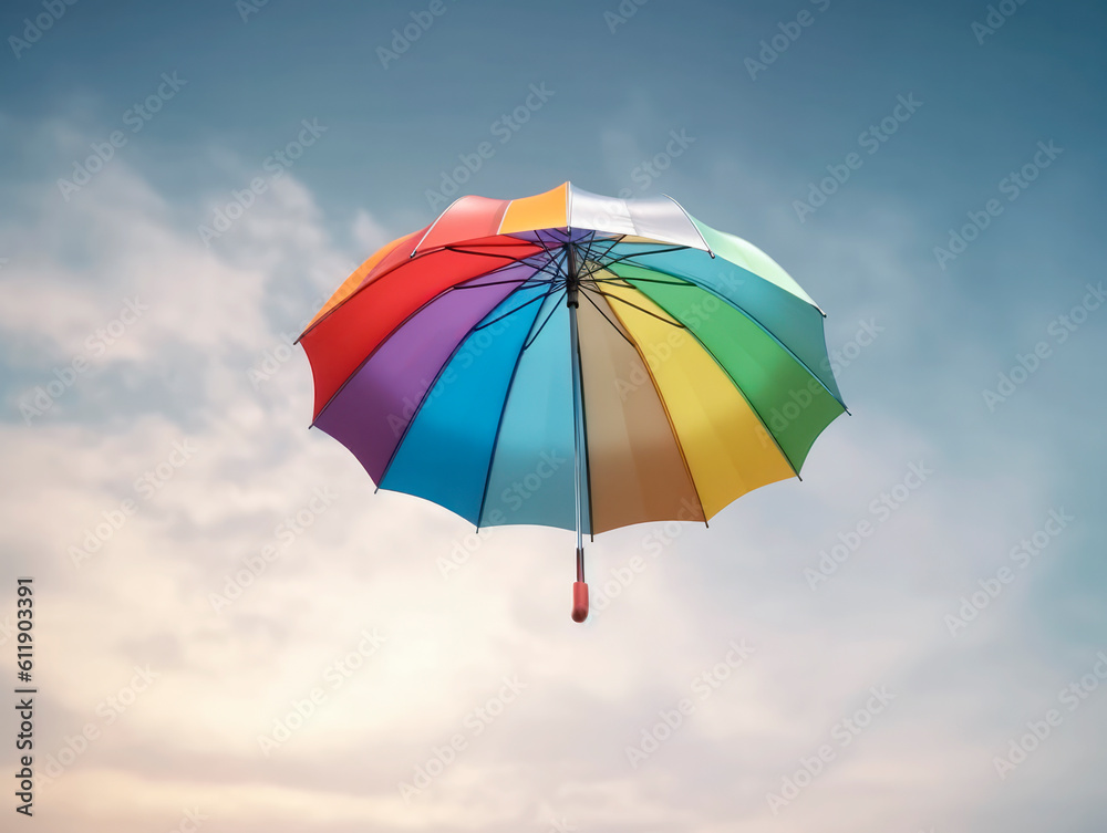 Rainbow colored umbrella in rainy cloudy background. Ai generative illustration