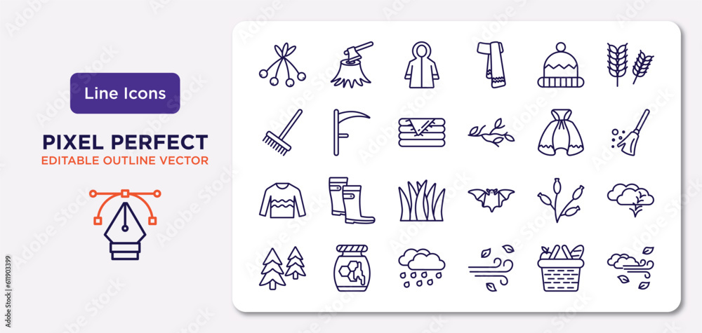 autumn outline icons set. thin line icons such as rowan, winter hat, blanket, sweater, rosa canina, rain, picnic basket, windy vector.