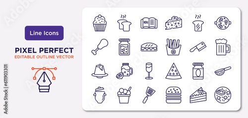 bistro and restaurant outline icons set. thin line icons such as cupcake with cream, toasted bread, long sandwich, creme caramel, mermelade tin, spatula utensil, cake piece with cream, combine meal