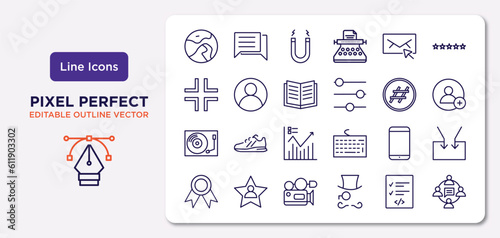 blogger and influencer outline icons set. thin line icons such as world, email, literature, vinyl, mobile, camcorder, script, communication vector.