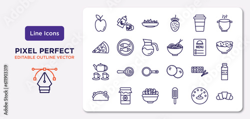 bistro and restaurant outline icons set. thin line icons such as with skin, cardboard cup, coffe pot, tea, sushi mix, bowl of olives, measurement jar, bakery croissant vector.